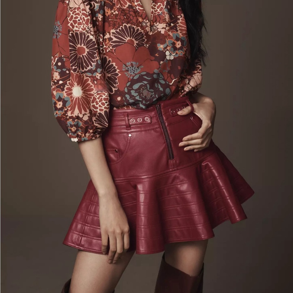 Anthropologie Pilcro Fit and Flare Faux Leather Mini Skirt in Size 10 Color Wine
